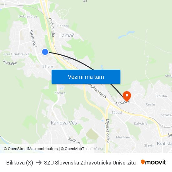 Bilíkova (X) to SZU Slovenska Zdravotnicka Univerzita map