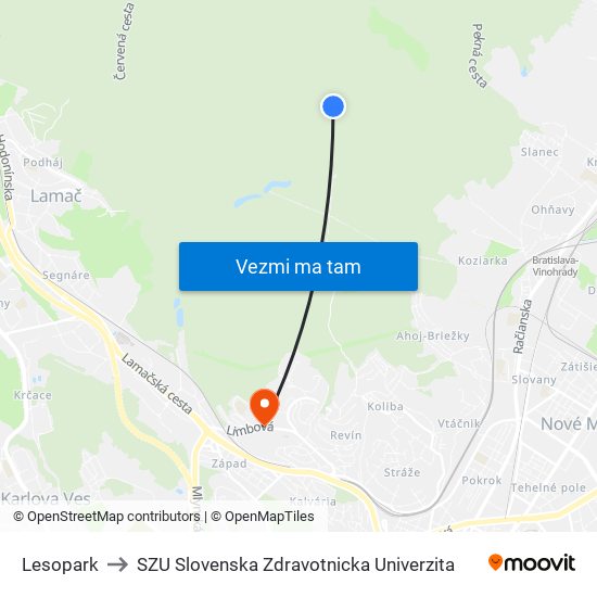 Lesopark to SZU Slovenska Zdravotnicka Univerzita map