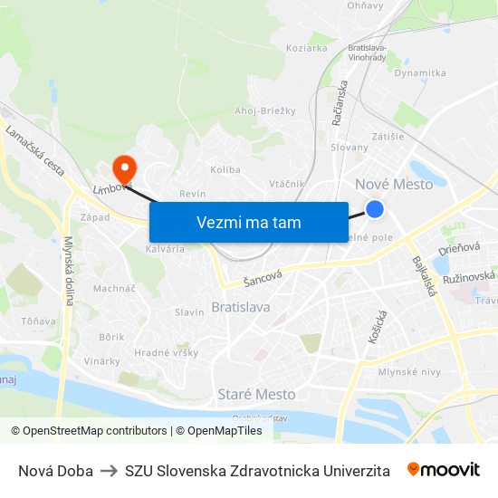Nová Doba to SZU Slovenska Zdravotnicka Univerzita map