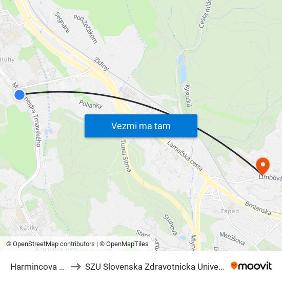 Harmincova (X) to SZU Slovenska Zdravotnicka Univerzita map