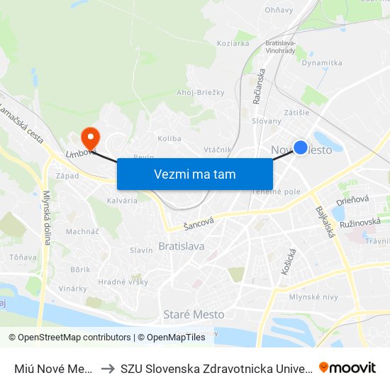 Miú Nové Mesto to SZU Slovenska Zdravotnicka Univerzita map