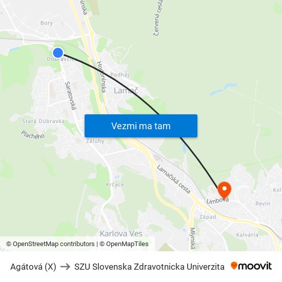 Agátová (X) to SZU Slovenska Zdravotnicka Univerzita map