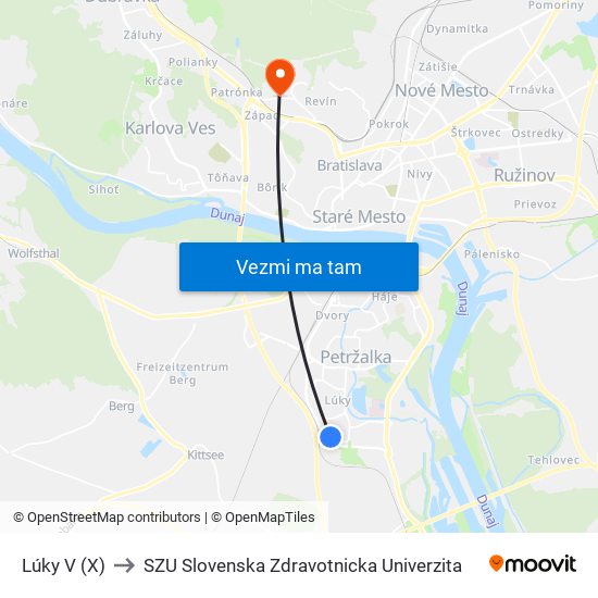Lúky V (X) to SZU Slovenska Zdravotnicka Univerzita map