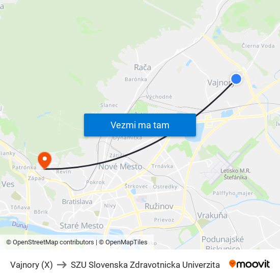 Vajnory (X) to SZU Slovenska Zdravotnicka Univerzita map