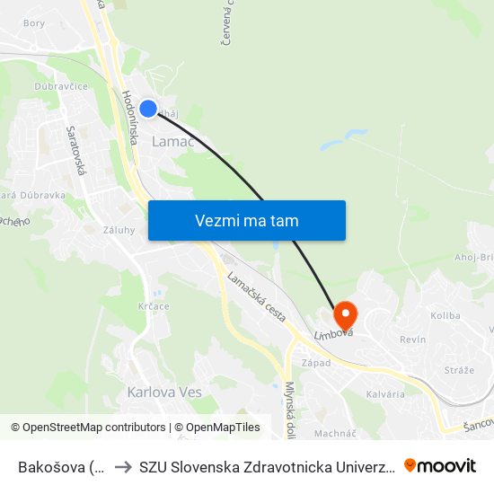 Bakošova (X) to SZU Slovenska Zdravotnicka Univerzita map
