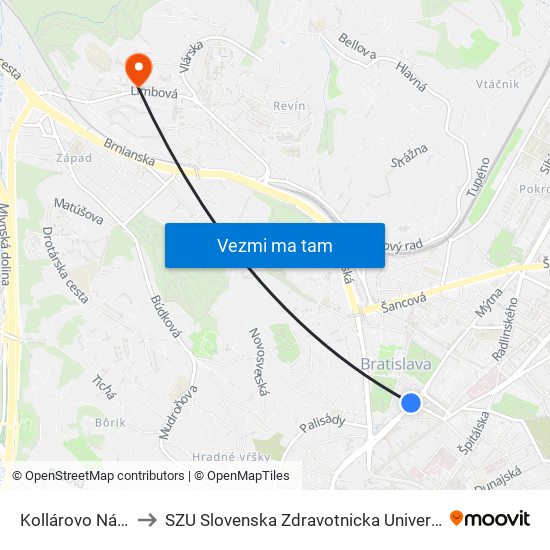Kollárovo Nám. to SZU Slovenska Zdravotnicka Univerzita map
