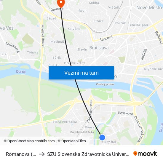 Romanova (X) to SZU Slovenska Zdravotnicka Univerzita map