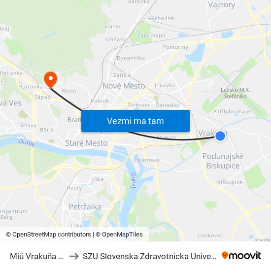 Miú Vrakuňa (X) to SZU Slovenska Zdravotnicka Univerzita map