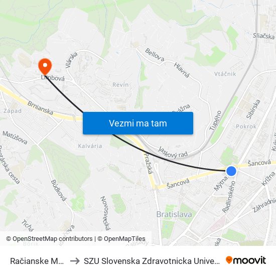 Račianske Mýto to SZU Slovenska Zdravotnicka Univerzita map