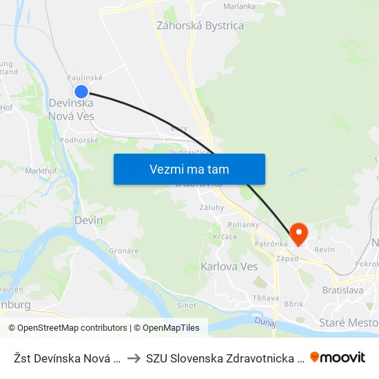 Žst Devínska Nová Ves (X) to SZU Slovenska Zdravotnicka Univerzita map
