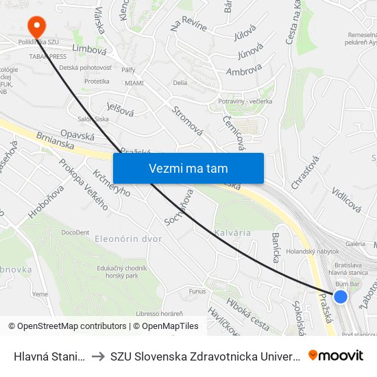 Hlavná Stanica to SZU Slovenska Zdravotnicka Univerzita map