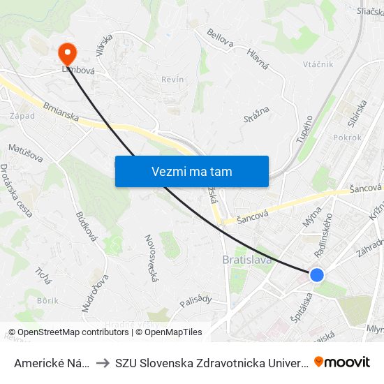 Americké Nám. to SZU Slovenska Zdravotnicka Univerzita map