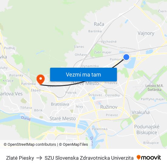 Zlaté Piesky to SZU Slovenska Zdravotnicka Univerzita map