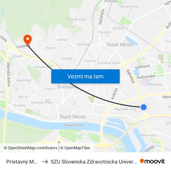 Prístavný Most to SZU Slovenska Zdravotnicka Univerzita map
