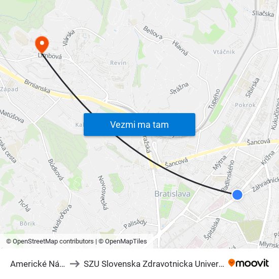 Americké Nám. to SZU Slovenska Zdravotnicka Univerzita map