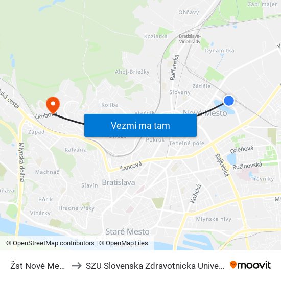 Žst Nové Mesto to SZU Slovenska Zdravotnicka Univerzita map