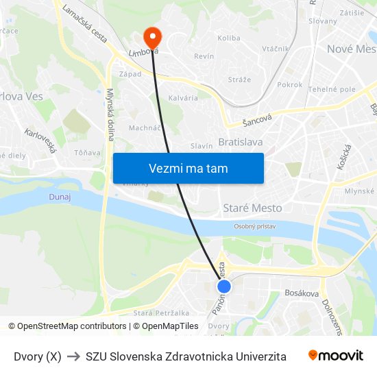 Dvory (X) to SZU Slovenska Zdravotnicka Univerzita map