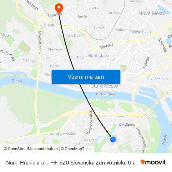 Nám. Hraničiarov (X) to SZU Slovenska Zdravotnicka Univerzita map