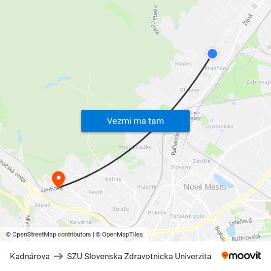 Kadnárova to SZU Slovenska Zdravotnicka Univerzita map