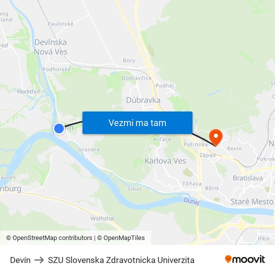 Devín to SZU Slovenska Zdravotnicka Univerzita map