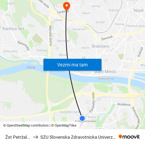 Žst Petržalka to SZU Slovenska Zdravotnicka Univerzita map