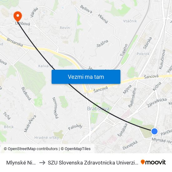 Mlynské Nivy to SZU Slovenska Zdravotnicka Univerzita map