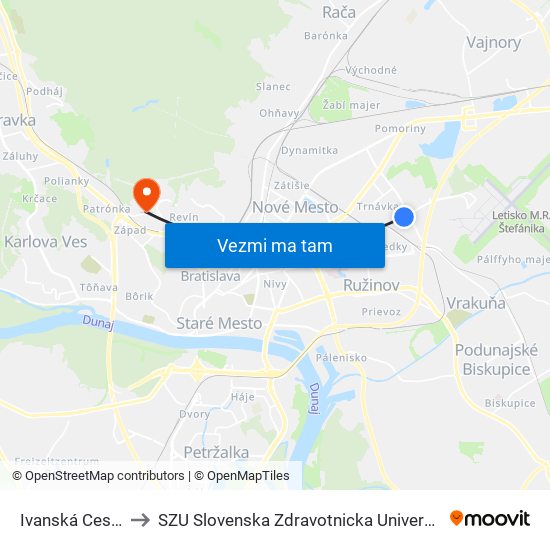 Ivanská Cesta to SZU Slovenska Zdravotnicka Univerzita map