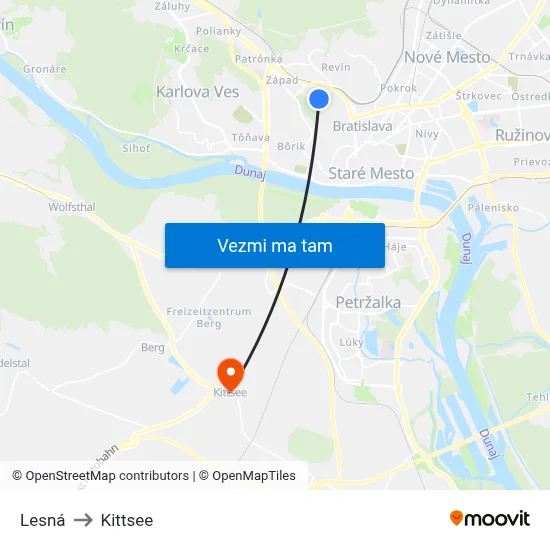 Lesná to Kittsee map