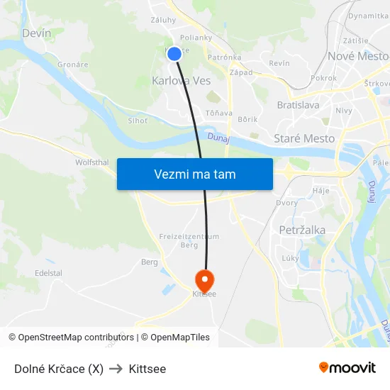 Dolné Krčace (X) to Kittsee map