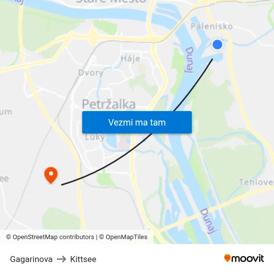 Gagarinova to Kittsee map