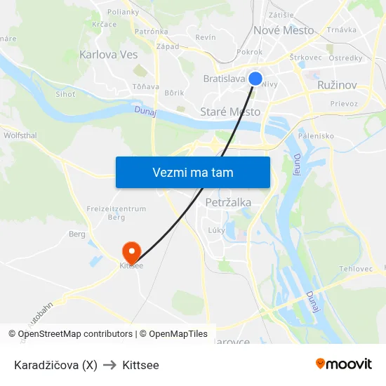 Karadžičova (X) to Kittsee map