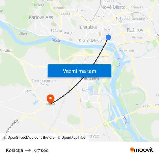 Košická to Kittsee map