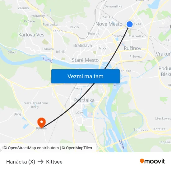 Hanácka (X) to Kittsee map