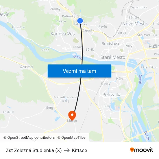 Žst Železná Studienka (X) to Kittsee map