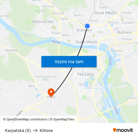 Karpatská (X) to Kittsee map