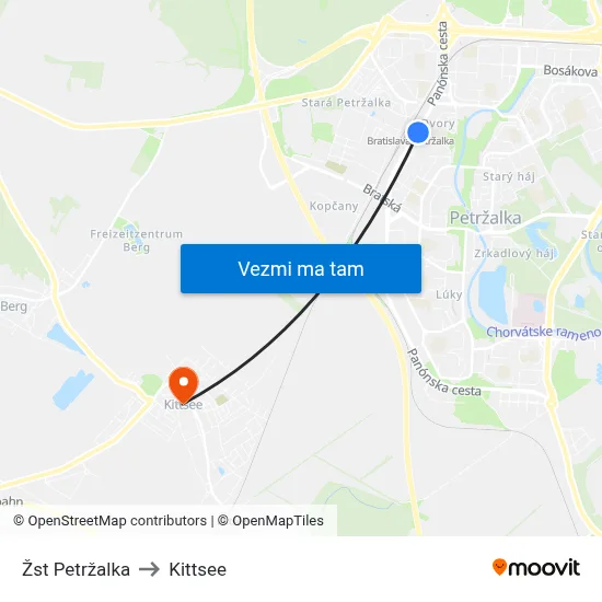 Žst Petržalka to Kittsee map