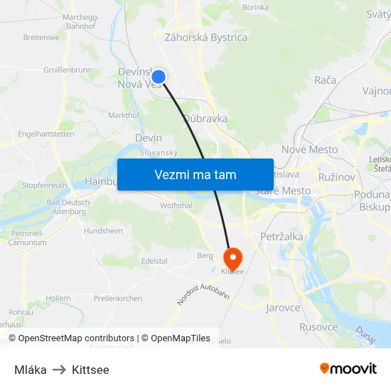 Mláka to Kittsee map