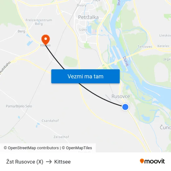 Žst Rusovce (X) to Kittsee map