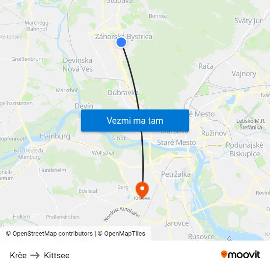 Krče to Kittsee map