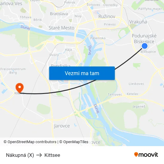 Nákupná (X) to Kittsee map