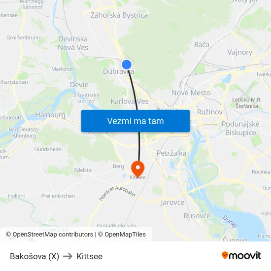 Bakošova (X) to Kittsee map