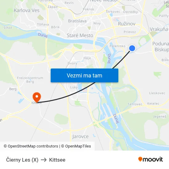Čierny Les (X) to Kittsee map