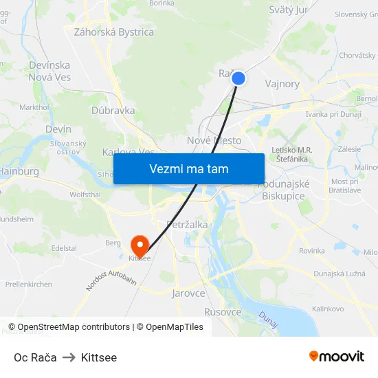 Oc Rača to Kittsee map
