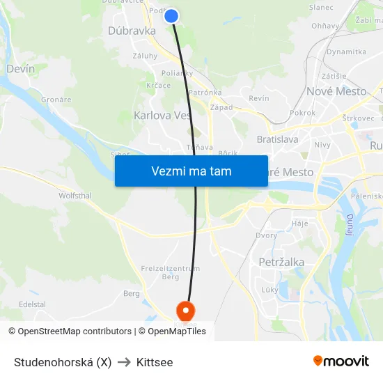 Studenohorská (X) to Kittsee map