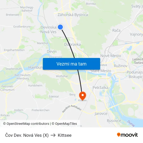 Čov Dev. Nová Ves (X) to Kittsee map