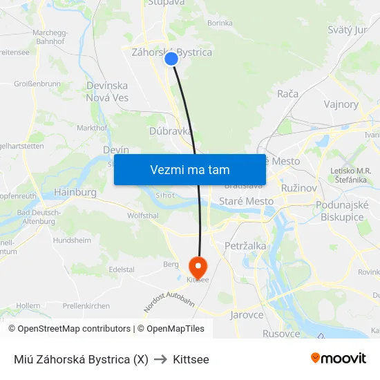 Miú Záhorská Bystrica (X) to Kittsee map