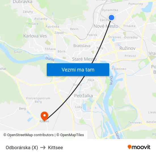 Odborárska (X) to Kittsee map