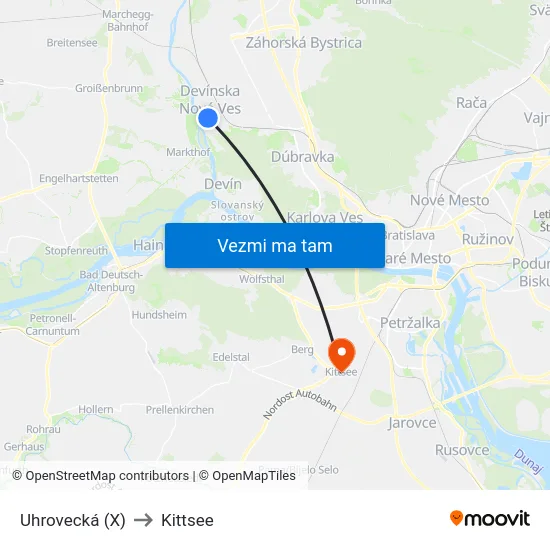 Uhrovecká (X) to Kittsee map