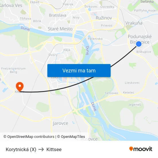 Korytnická (X) to Kittsee map