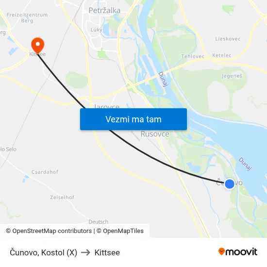 Čunovo, Kostol (X) to Kittsee map